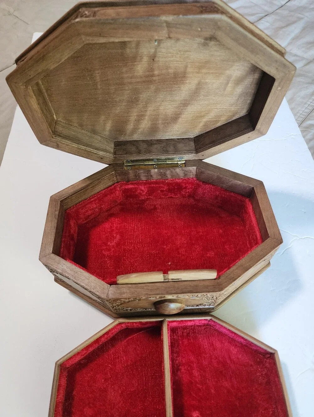 Vintage Mid Century Hand Carved Natural Wood Jewelry Box 2 Lined Layers